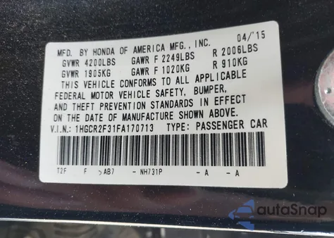 2015 Honda Accord Lx z USA, uszkodzony, nr VIN 1HGCR2F31FA170713